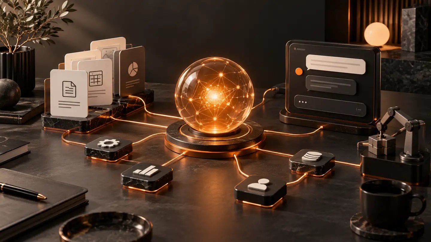 AI automation visual with an orange intelligence core connected to documents and workflow nodes.