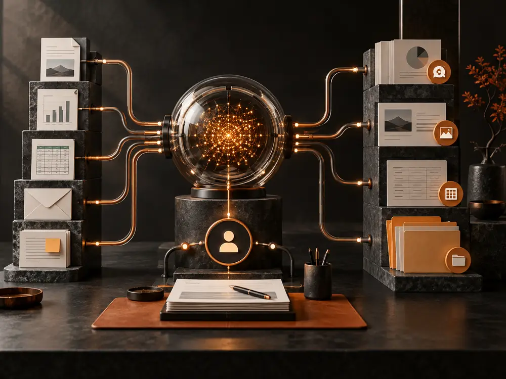 AI automation visual with an orange intelligence core connected to documents and workflow nodes.