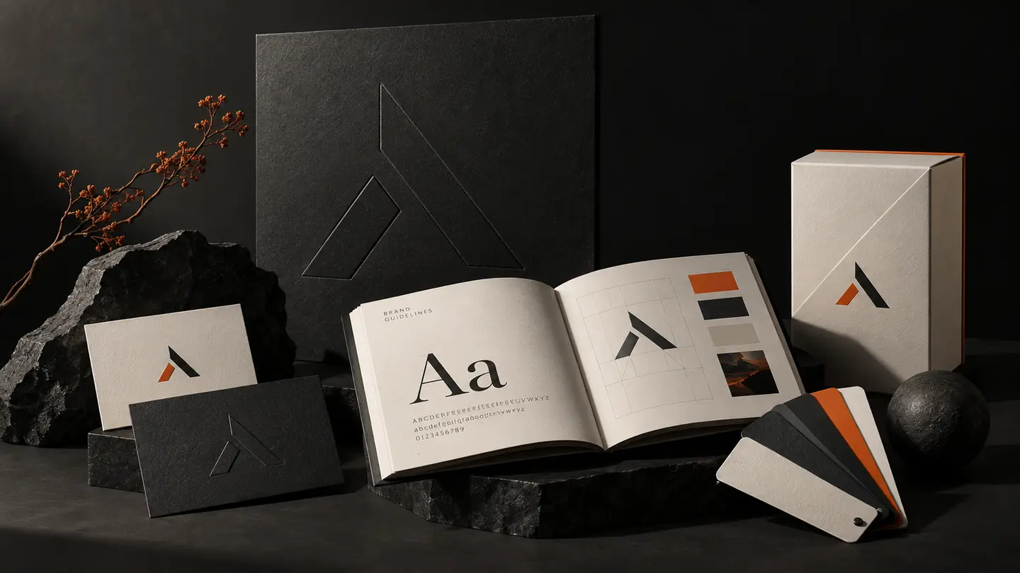 Charcoal and ivory brand identity showcase with logo stationery, brand guidelines, packaging, and orange color swatches.