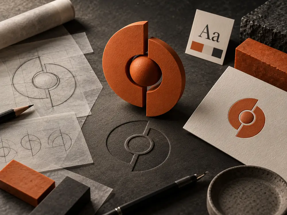 Brand sketches evolve into a sculptural orange logo, with typography and an embossed imprint illustrating a lasting brand identity.
