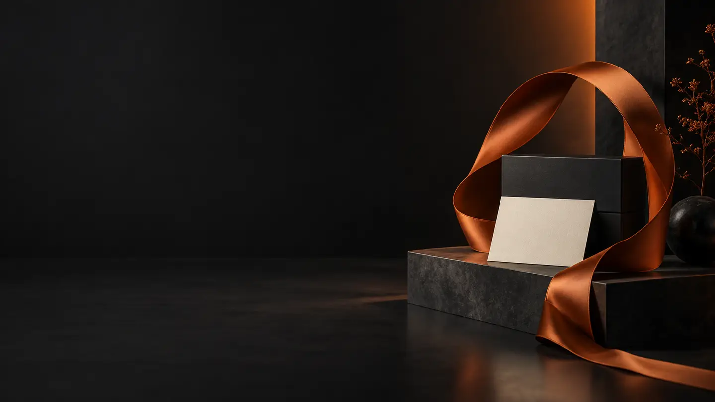 http://Elegant%20orange%20ribbon%20framing%20a%20charcoal%20presentation%20box%20and%20ivory%20invitation%20card.
