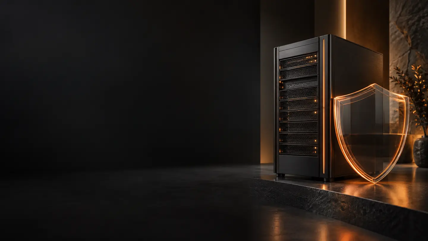 http://Secure%20hosting%20and%20maintenance%20illustrated%20with%20charcoal%20servers,%20backup%20systems%20and%20warm%20orange%20status%20lights.
