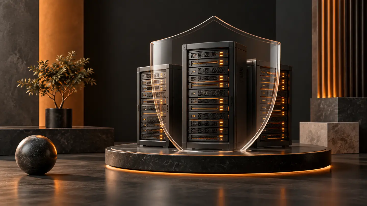 Secure hosting and maintenance illustrated with charcoal servers, backup systems and warm orange status lights.