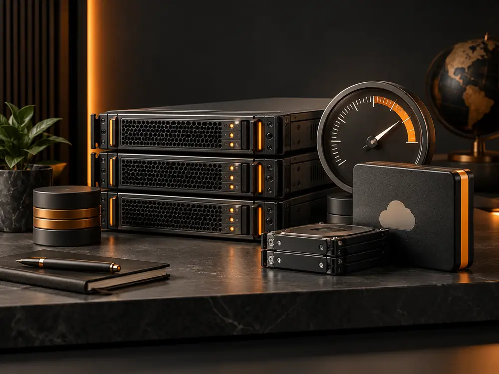 Secure hosting and maintenance illustrated with charcoal servers, backup systems and warm orange status lights.