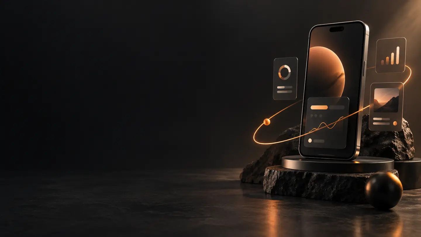 http://Mobile%20app%20design%20illustrated%20with%20smartphone%20interfaces,%20prototypes%20and%20orange%20accents.