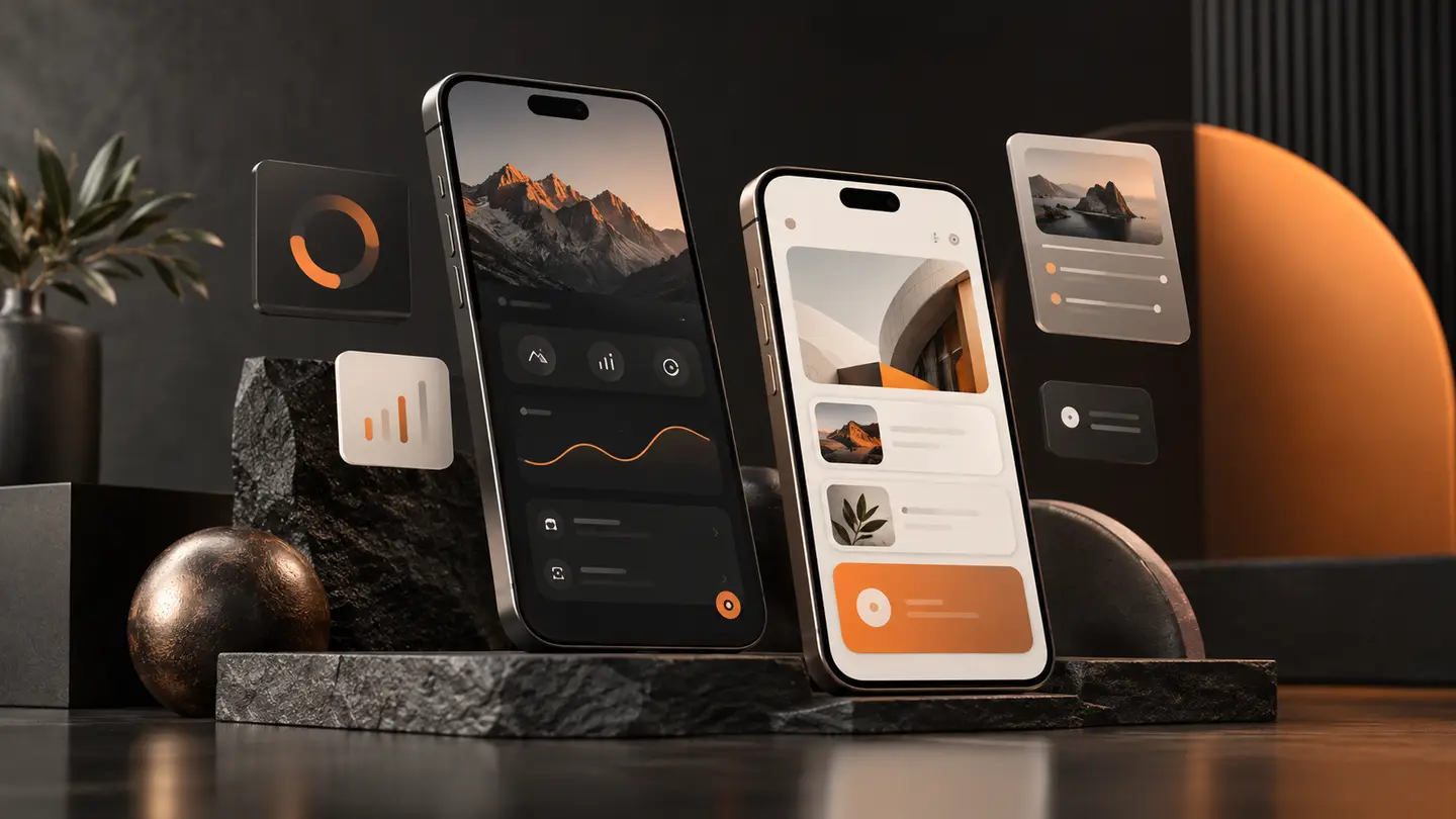 Mobile app design illustrated with smartphone interfaces, prototypes and orange accents.