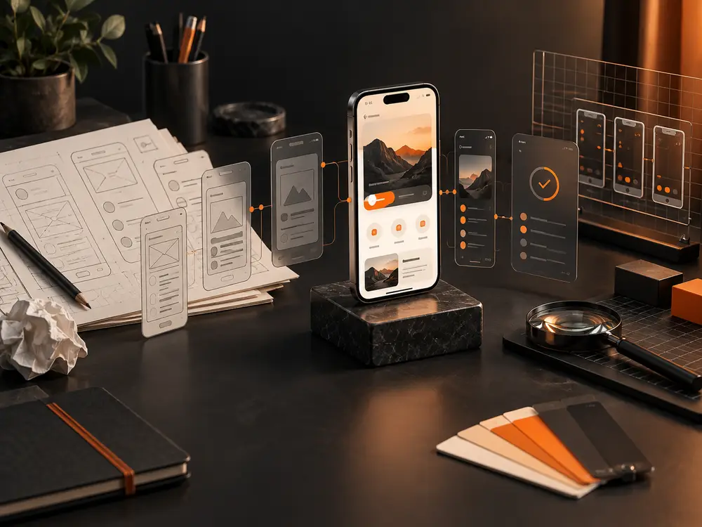 Mobile app design illustrated with smartphone interfaces, prototypes and orange accents.