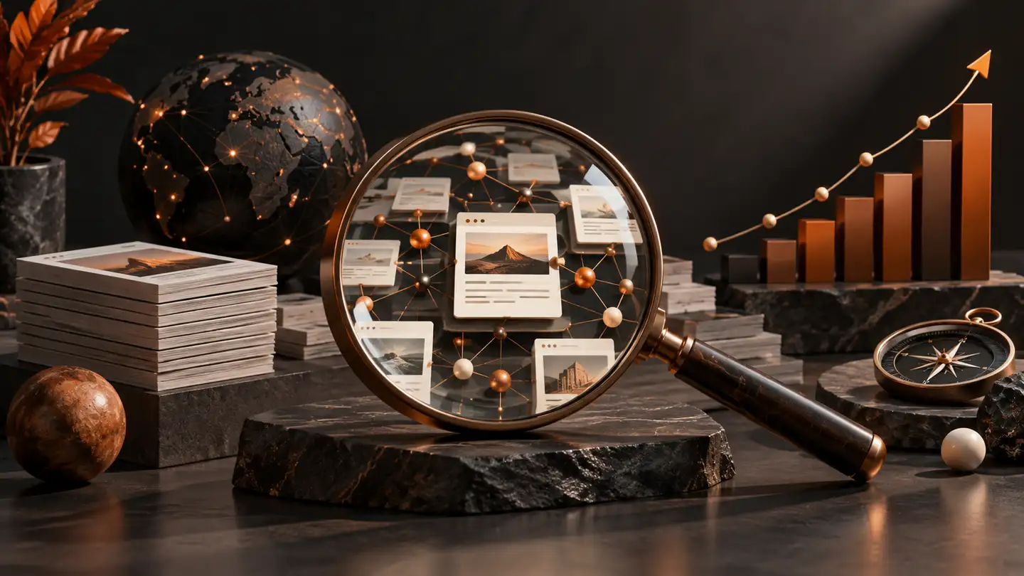 SEO, GEO & AEO search visibility concept with connected content, knowledge nodes and an orange search lens.