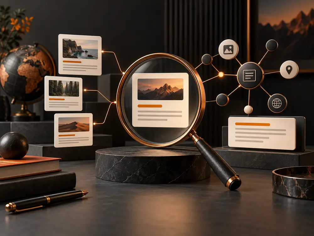 SEO, GEO & AEO search visibility concept with connected content, knowledge nodes and an orange search lens.