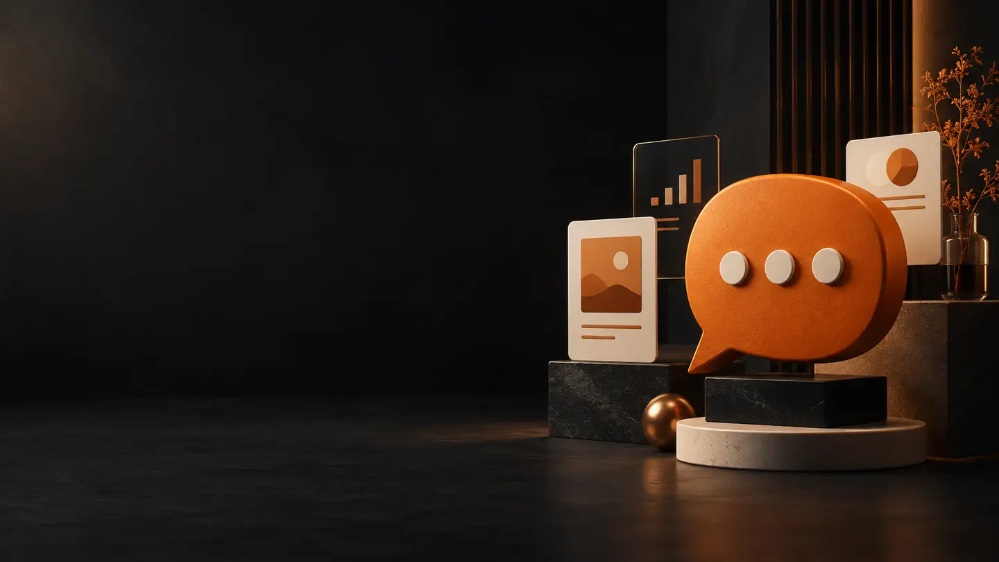 http://Social%20media%20content%20creation%20and%20community%20engagement%20illustrated%20with%20content%20cards%20and%20orange%20speech%20bubbles.