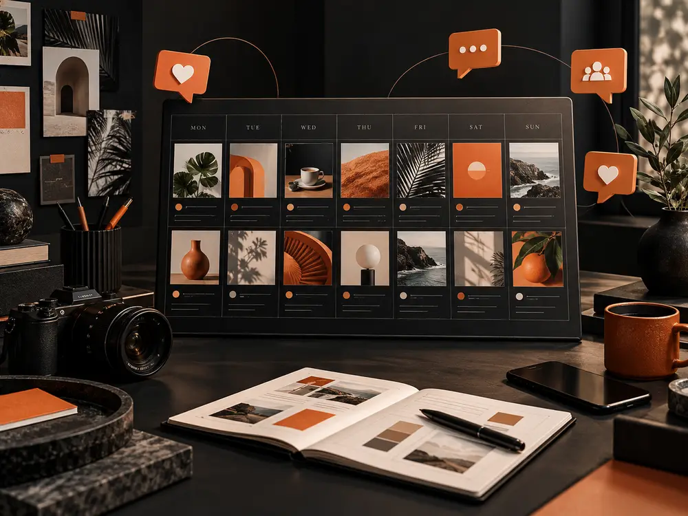 Social media content creation and community engagement illustrated with content cards and orange speech bubbles.