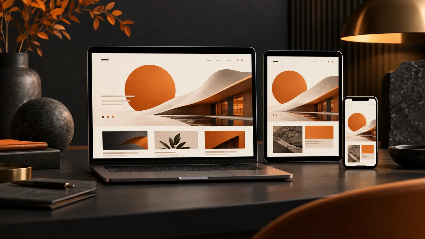 App & Web Development concept illustrated in charcoal, ivory, and orange.