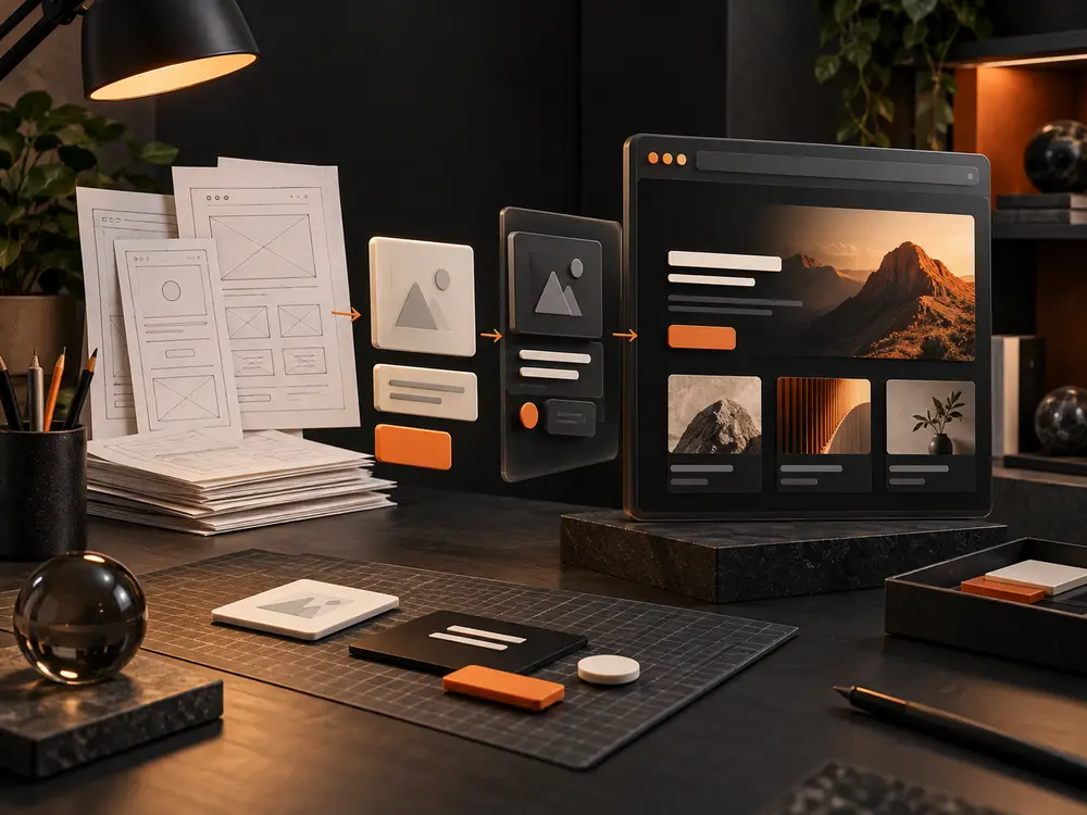 App & Web Development concept illustrated in charcoal, ivory, and orange.