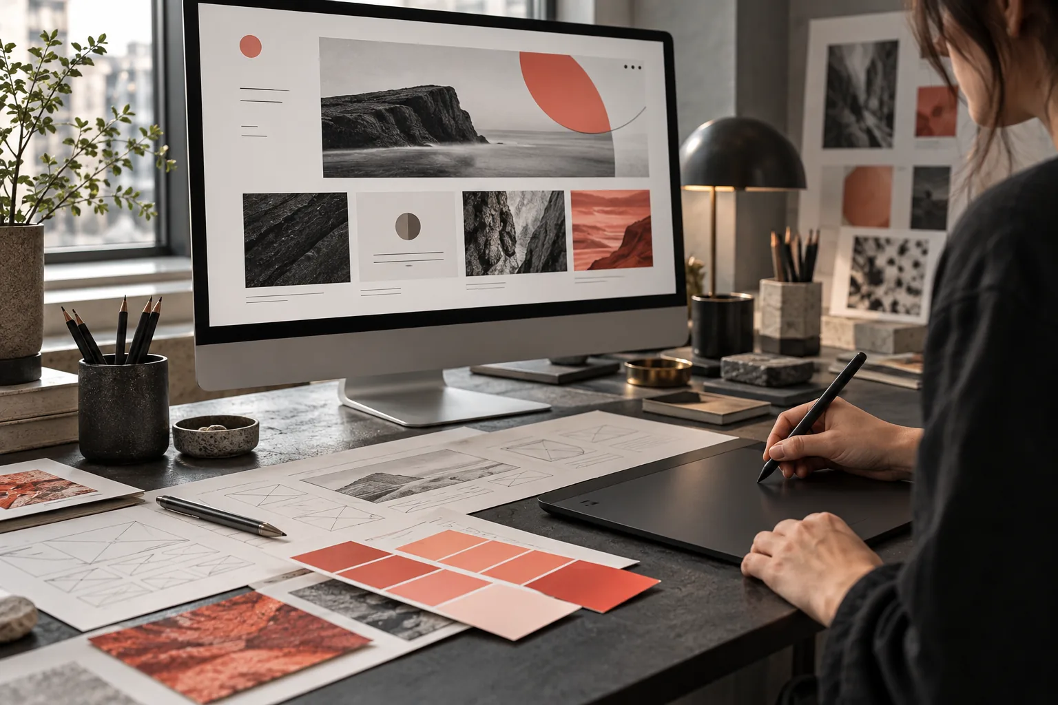 http://Designer’s%20workspace%20with%20a%20digital%20interface%20and%20colour%20studies