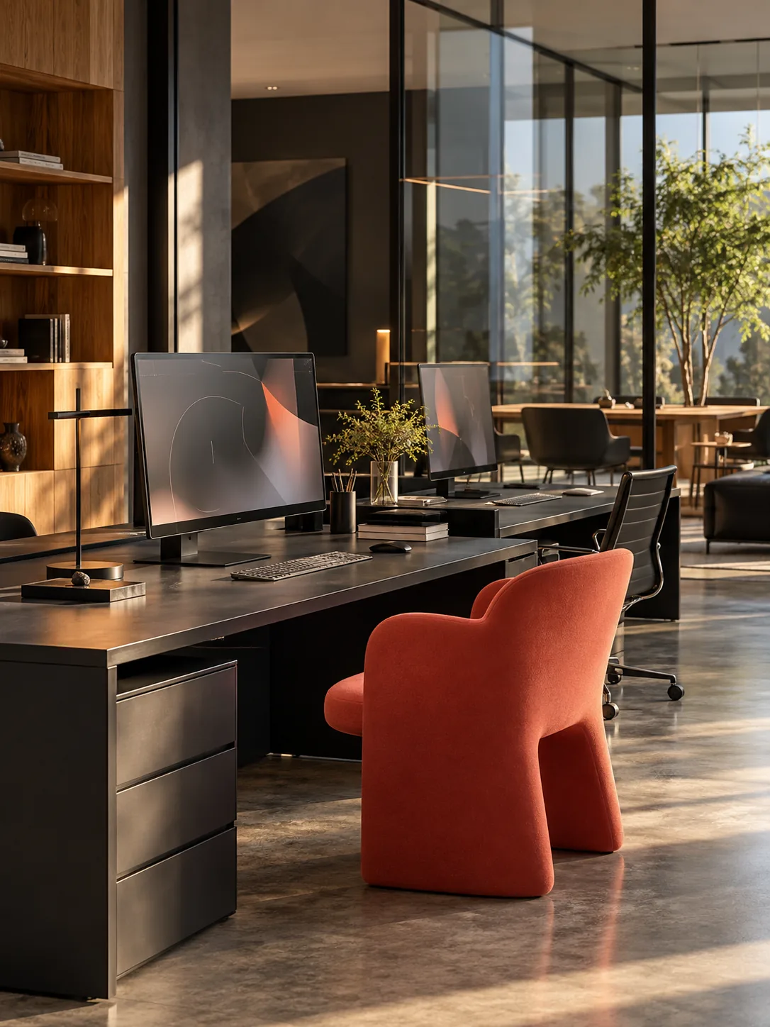 http://Contemporary%20creative%20studio%20with%20a%20coral%20accent%20chair