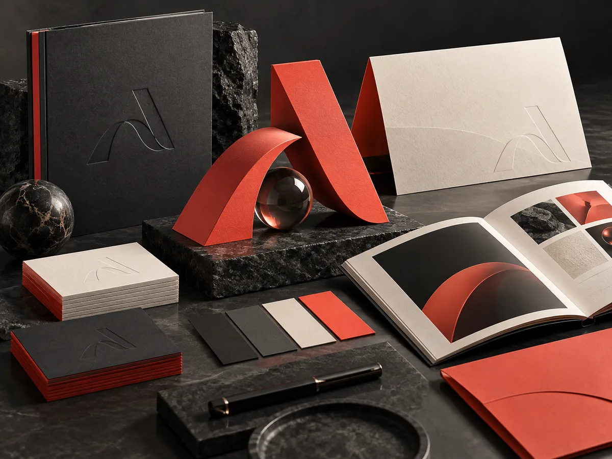 Coral brand sculpture with coordinated stationery and identity materials