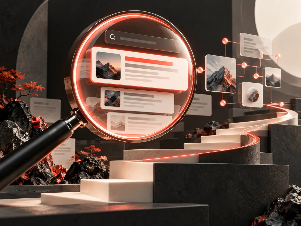 Search lens and connected results rising along architectural steps